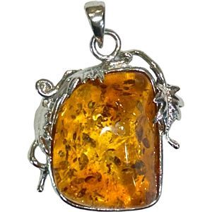 Vintage Amber Stone Medallion Silver Plate Decorative Leaves (Yellow)